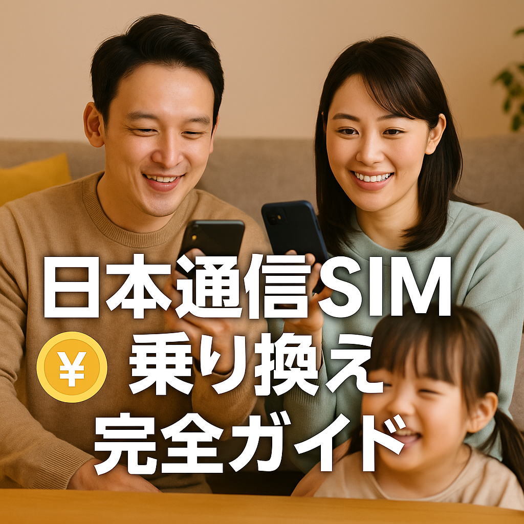 「スマートフォンを手に持つ若い夫婦と子ども。背景には通信回線のイメージと『日本通信SIM乗り換え完全ガイド』の文字。スタイリッシュでお得感のある雰囲気の写真風イメージ。」