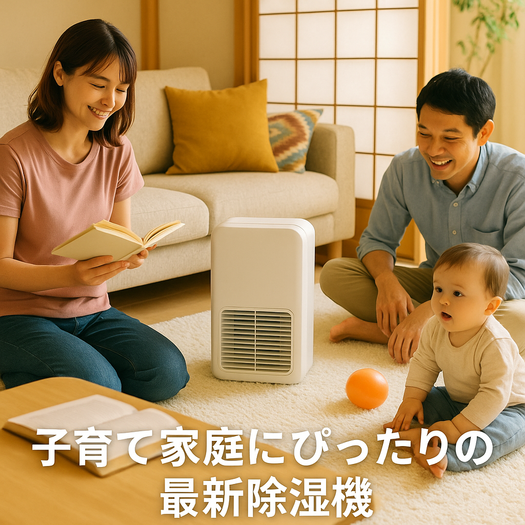 除湿機を使って快適に過ごす子育て世代の家族　2025年最新モデルのイメージカット