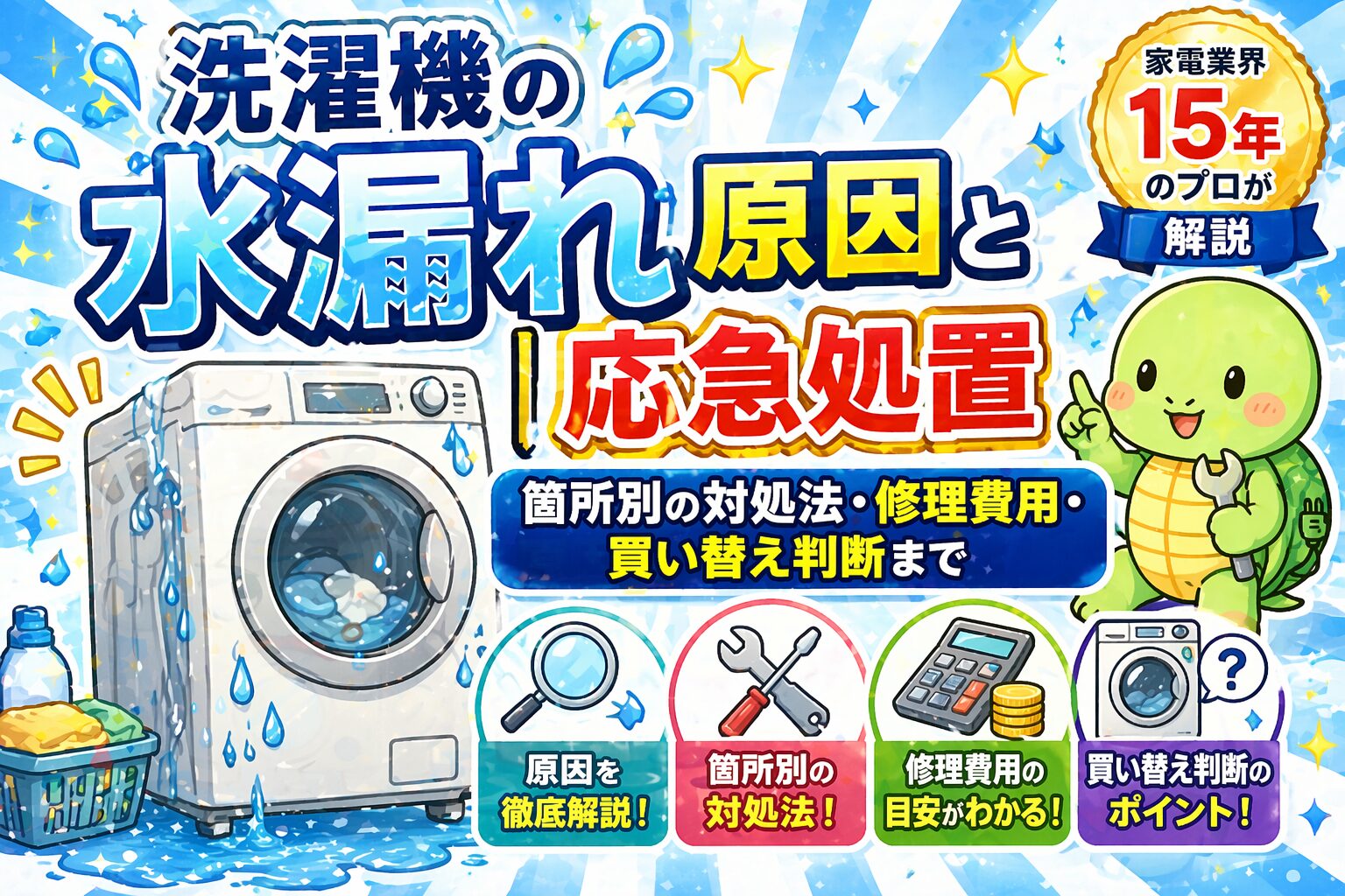 洗濯機の水漏れ原因と応急処置｜箇所別の対処法・修理費用・買い替え判断まで家電業界15年のプロが解説